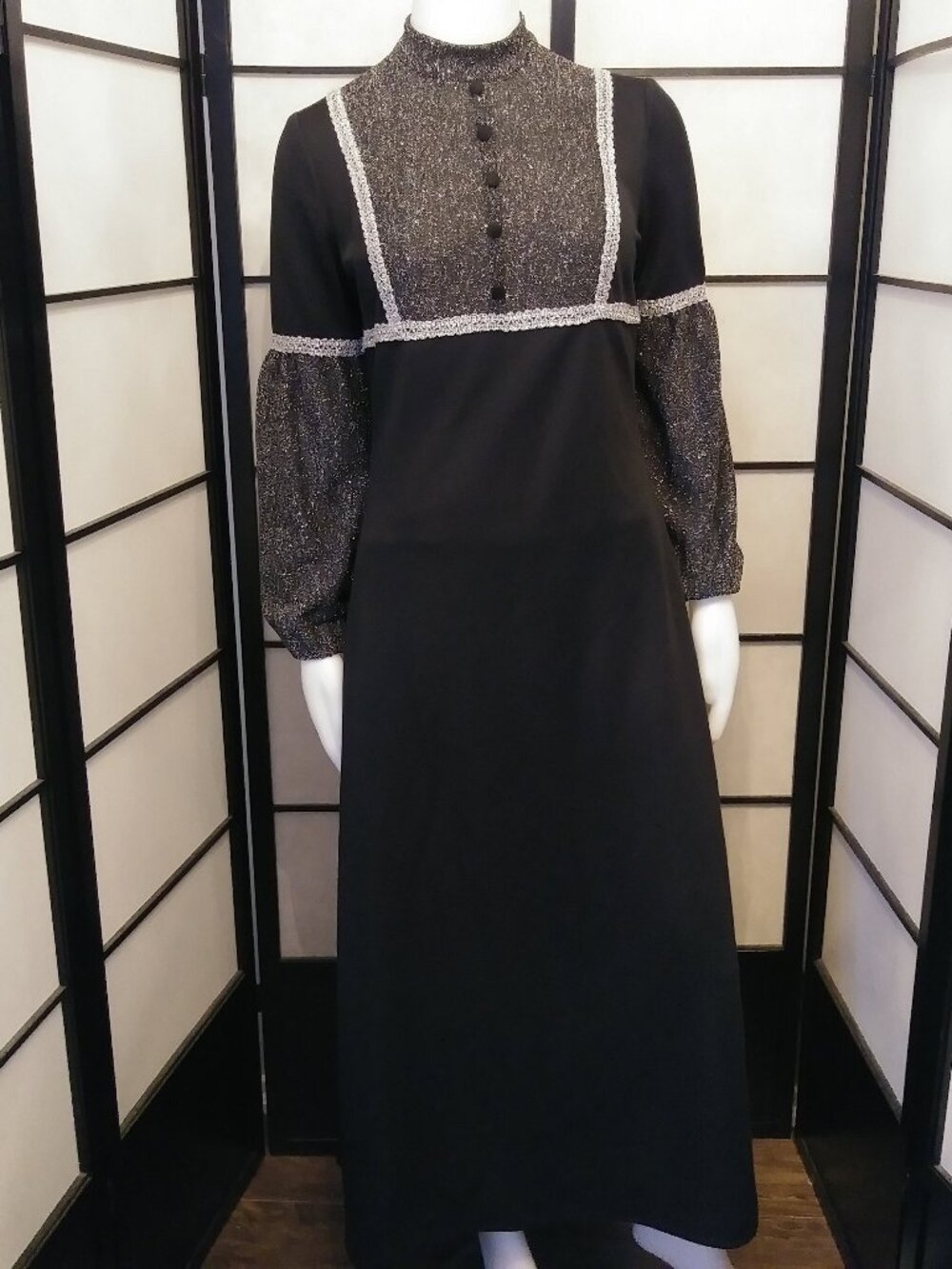 Vintage 60's Black and Metallic Evening Gown with Peasant Sleeves